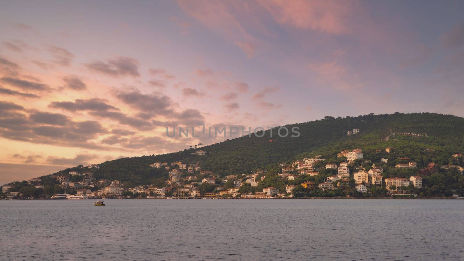 View of the mountains of Kinaliada island from Marmara Sea, with traditional summer houses and boats, Istanbul, Turkey