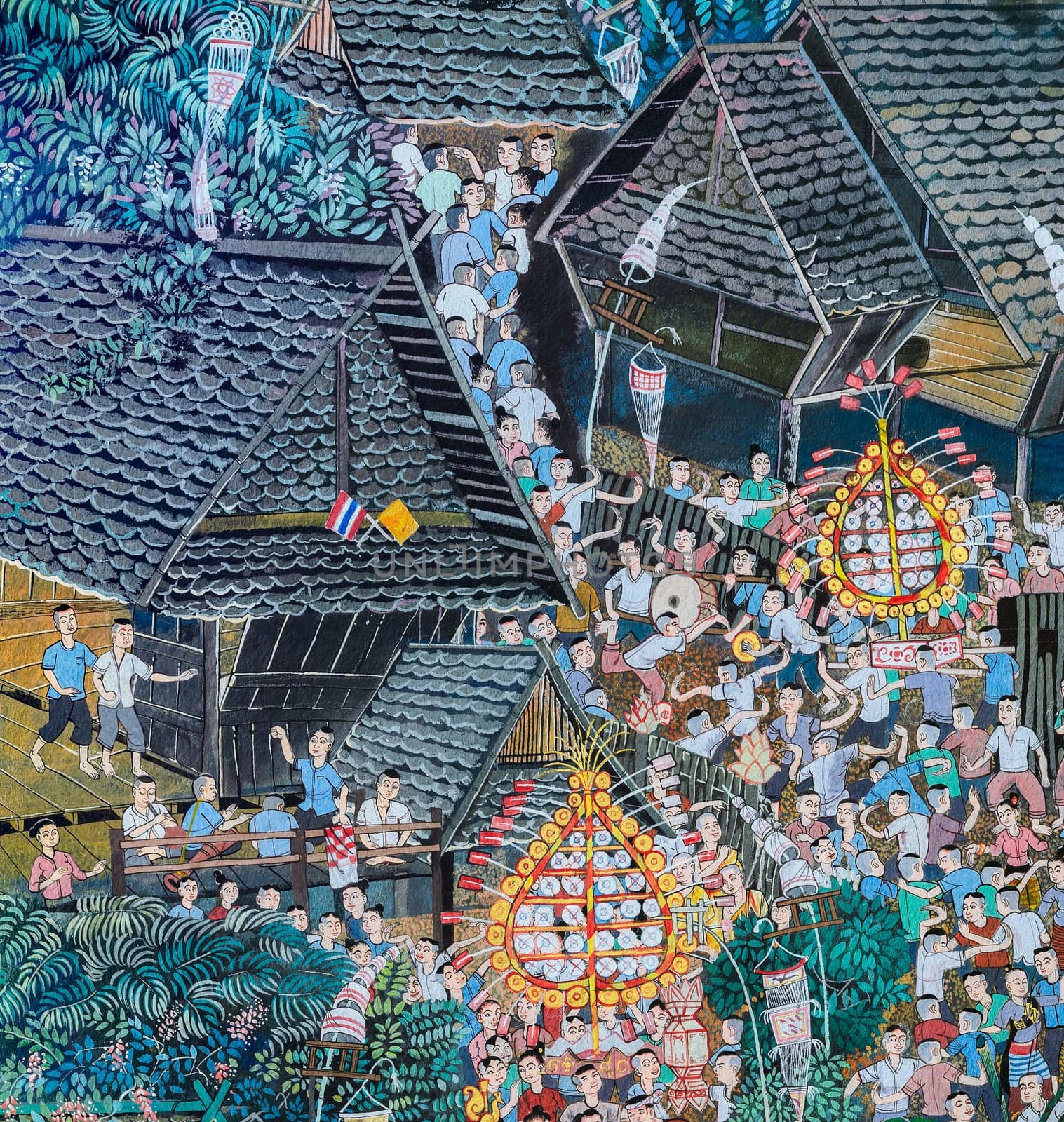 CHIANG MAI,THAILAND - OCTOBER 27, 2014 : Thai Lanna mural painting of Buddist festival on temple wall of Wat Chaimongkol Temple in Chiang Mai, Thailand.