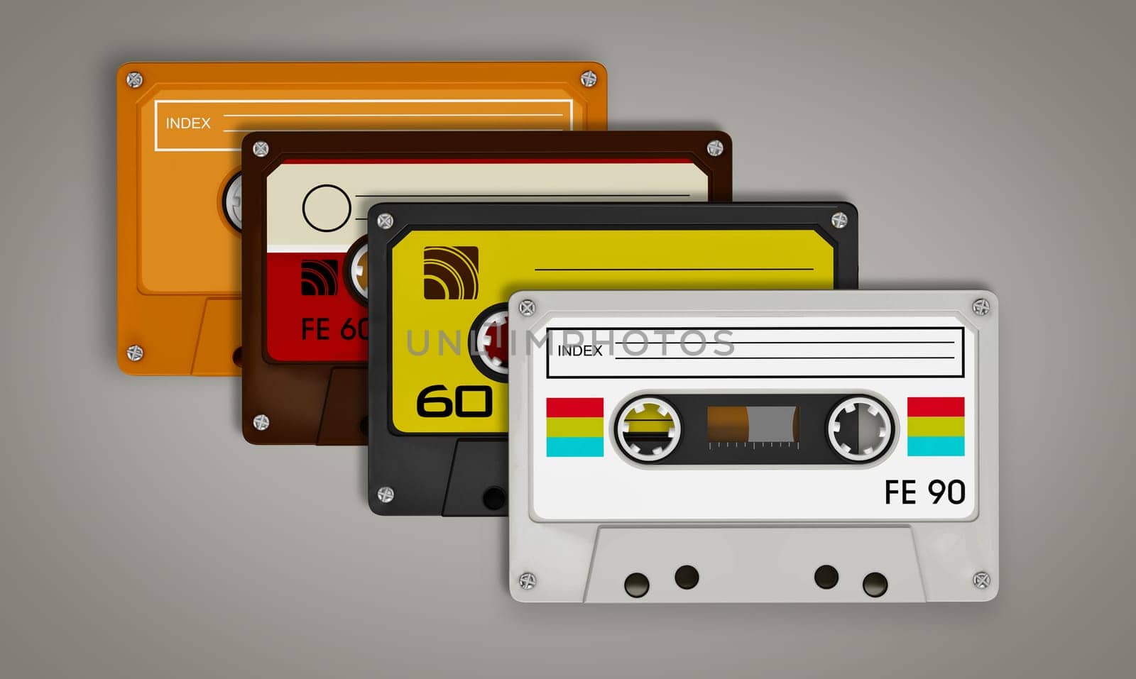 Audio cassettes isolated on gray background. 3D illustration.