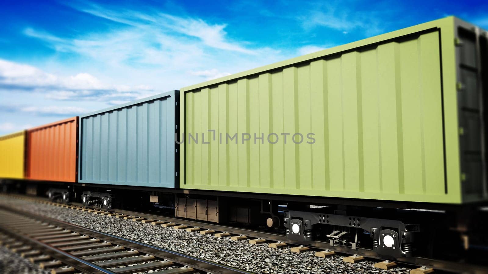 Cargo train moving on the railroad. 3D illustration.