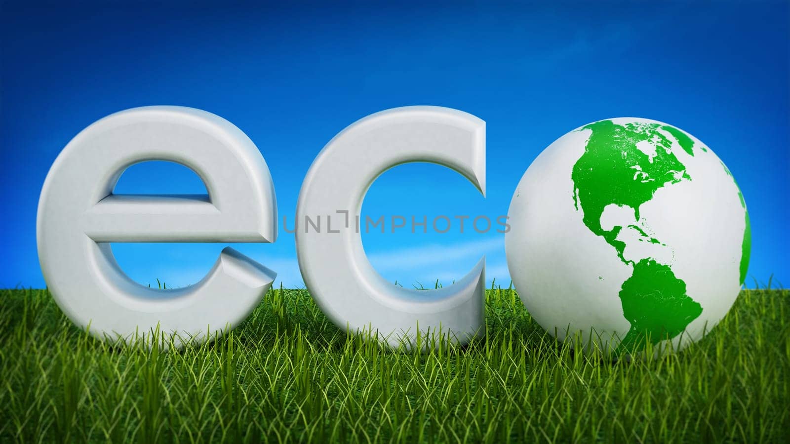 Eco text with globe on grass against blue sky. 3D illustration.