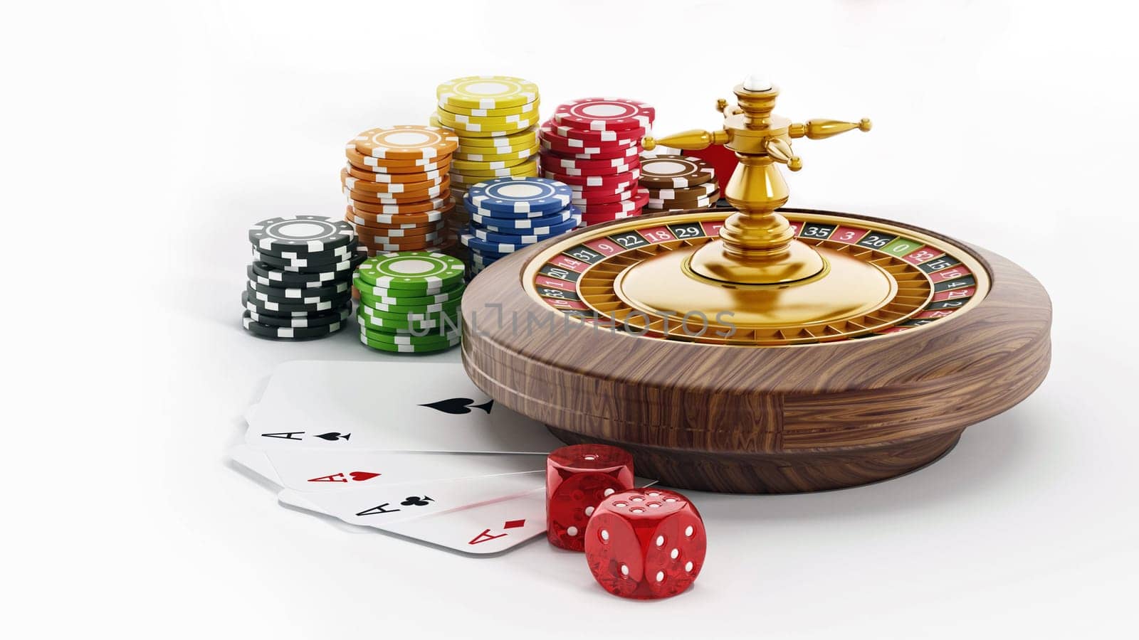 Roulette, dice, game cards and three sevens on white background. 3D illustration.