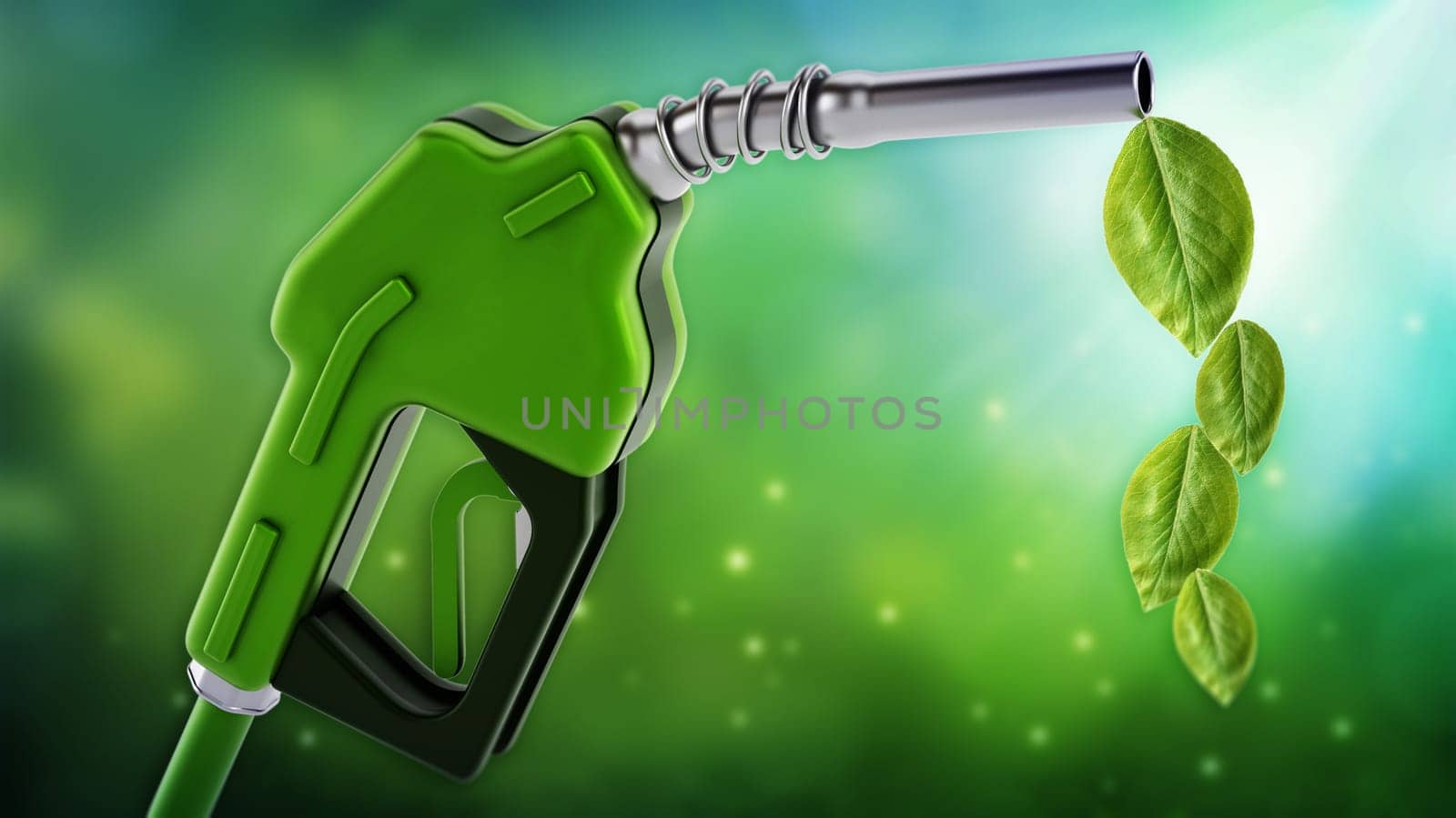 Green gas pump with leaves on nature background. 3D illustration.