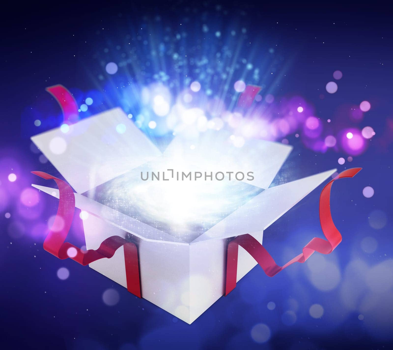 Open giftbox wrapped with ribbons. 3D illustration.