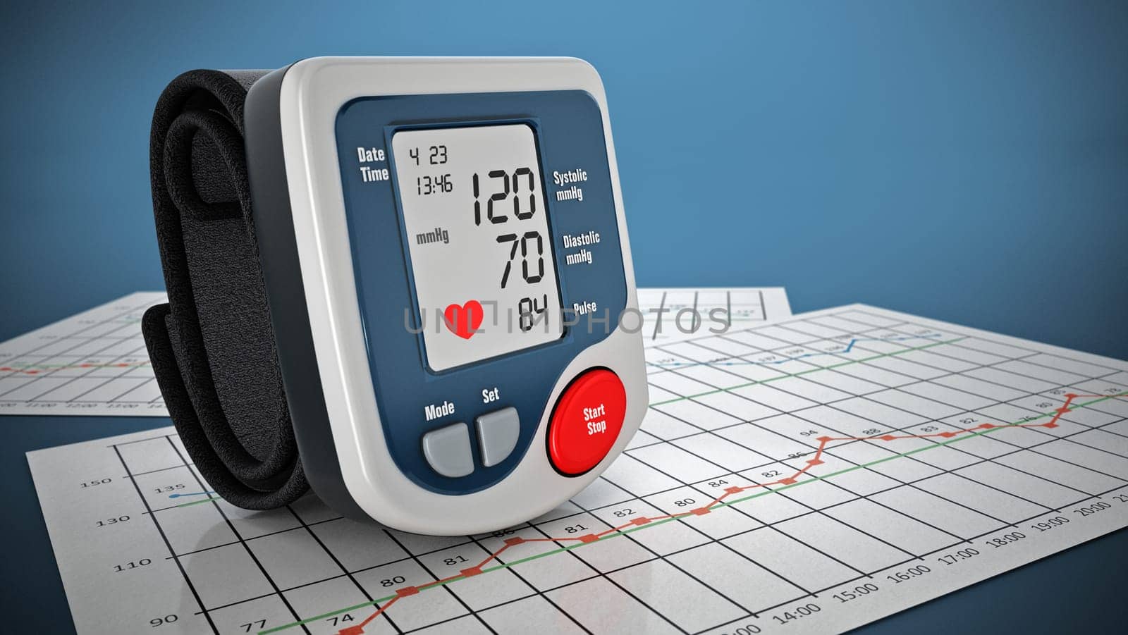 Wrist cuff blood pressure monitor on blood pressure graph. 3D illustration.