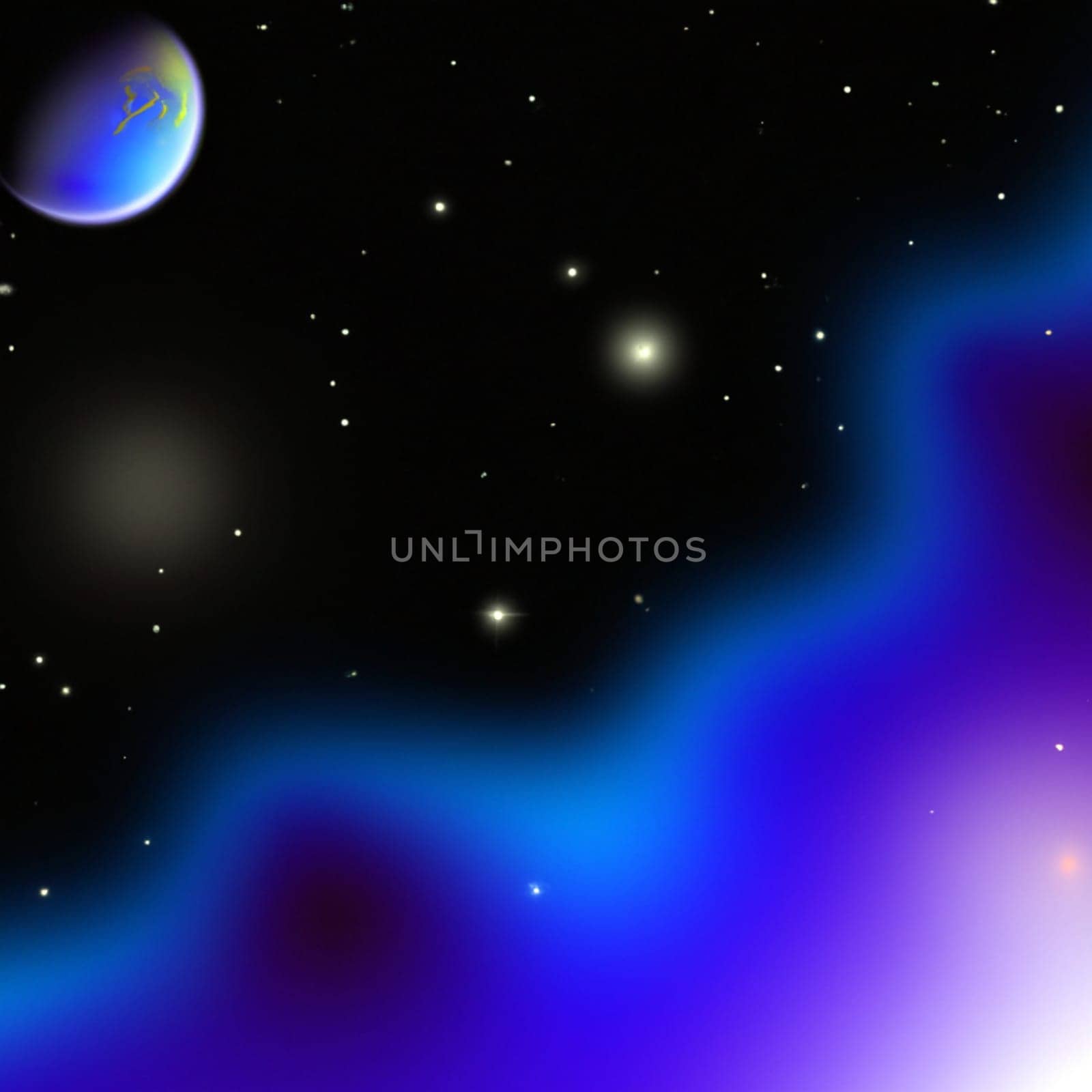 Outer space, Universe. Celestial asteroids, satellites, planets and stars. Gravitational astronomical star clusters, nebulae and galaxies. Interstellar gas, dust, electromagnetic fields, dark matter