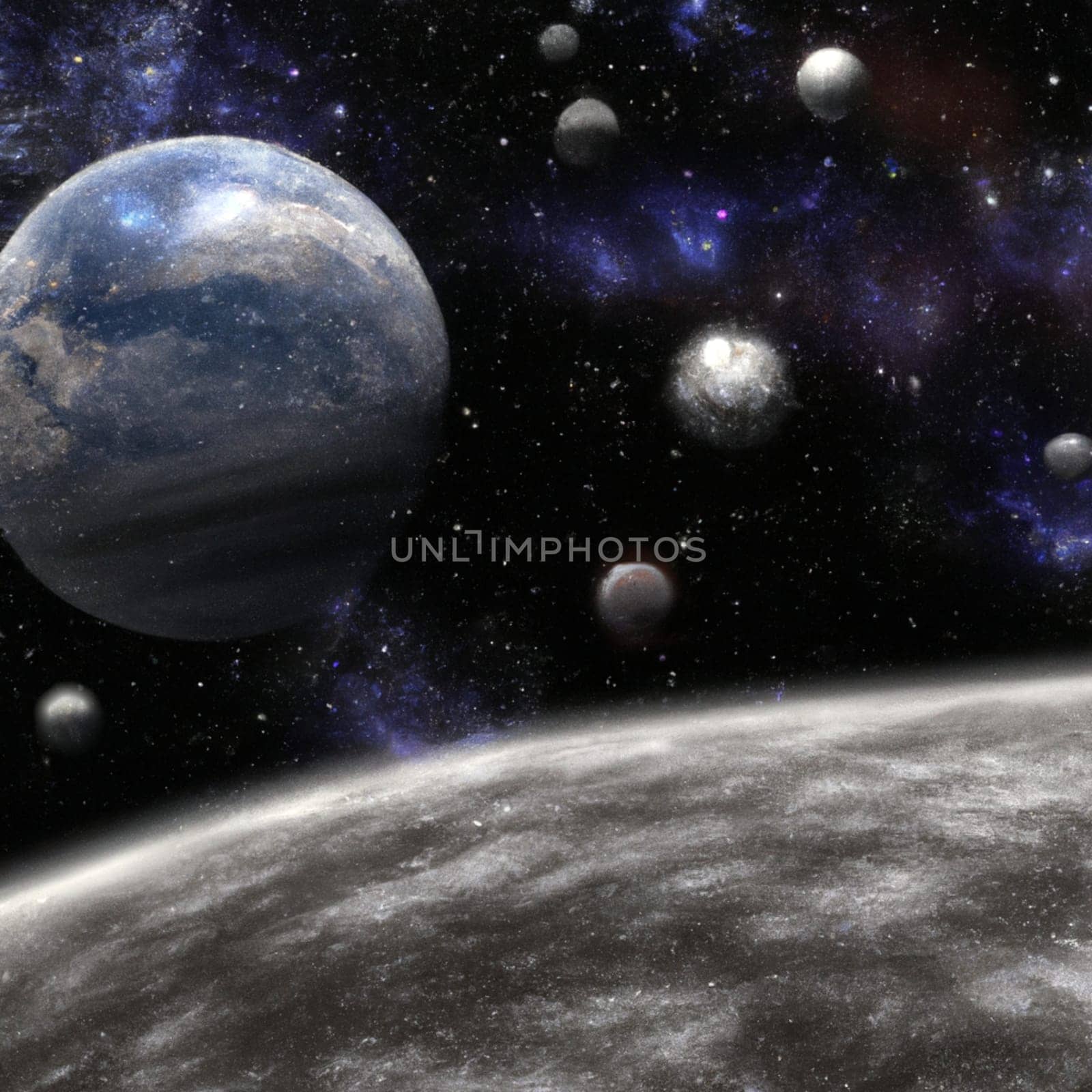 Outer space, Universe. Celestial asteroids, satellites, planets and stars. Gravitational astronomical star clusters, nebulae and galaxies. Interstellar gas, dust, electromagnetic fields, dark matter