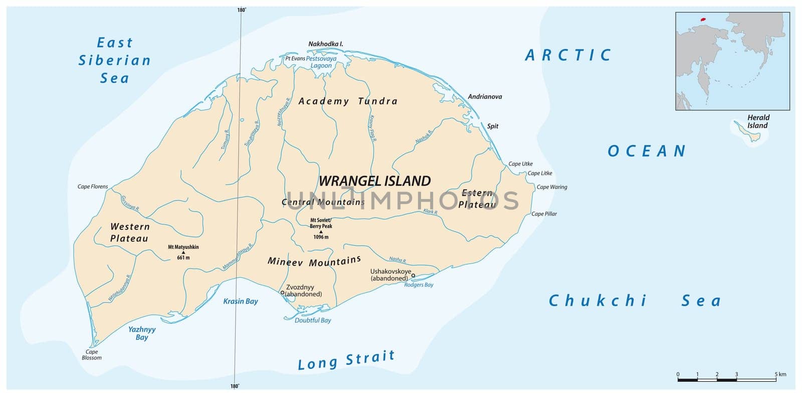 Map of russian wrangel island in arctic ocean