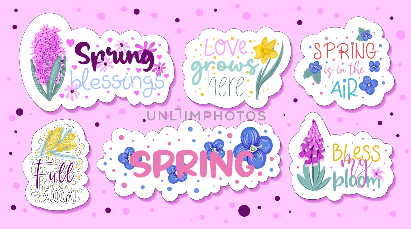 A collection of stickers with cute inscriptions and receipts. spring flowers hyacinth, narcissus and mimosa. Cute spring stickers for planner.