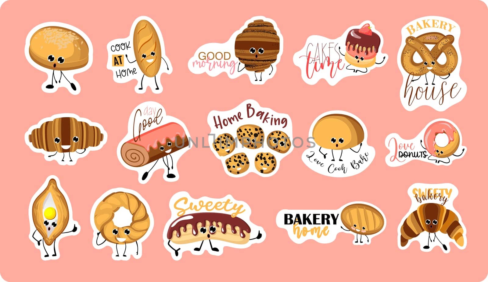 Collection of stickers with cute funny phrases about the bakery. bakery. Cute cartoon character in different poses. bread, loaf, cookies and other homemade pastries