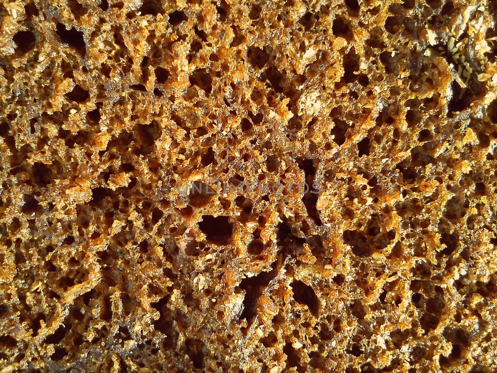 brown rye bread close-up. Healthy food with vitamins, minerals, bran and seeds. High-quality baked bakery product. Loose, with pores and holes material.