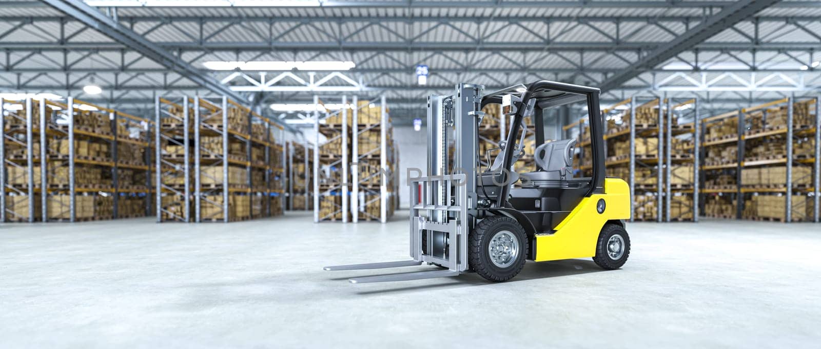 Forklift parked in large distribution warehouse 3d