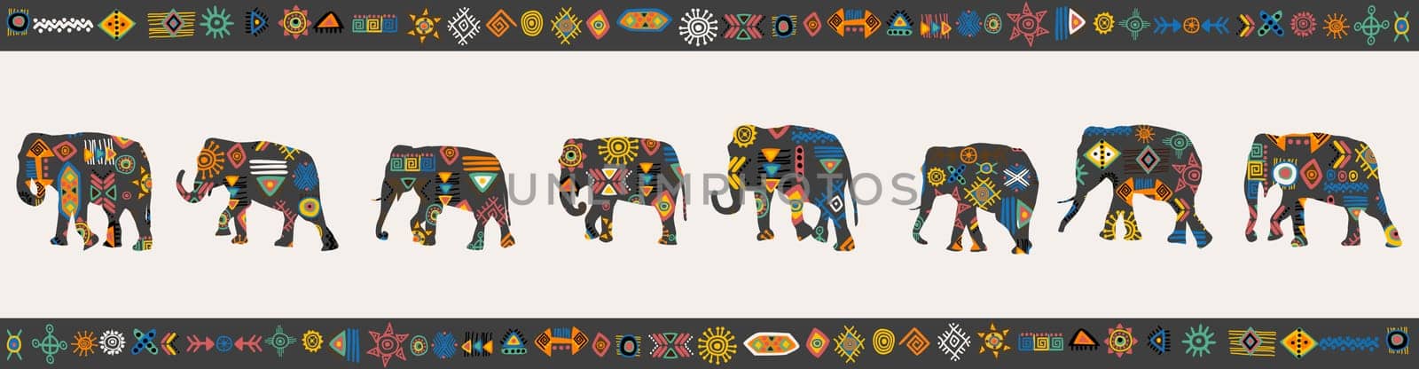 African design with elephants and tribal symbols and motifs