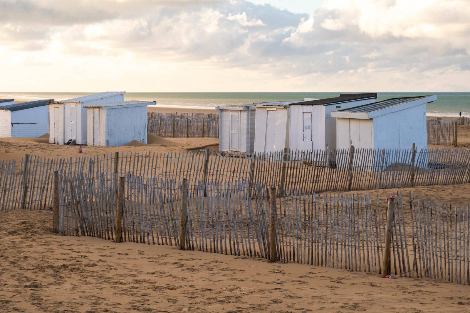 Beach and cabins in Calais city, north of France