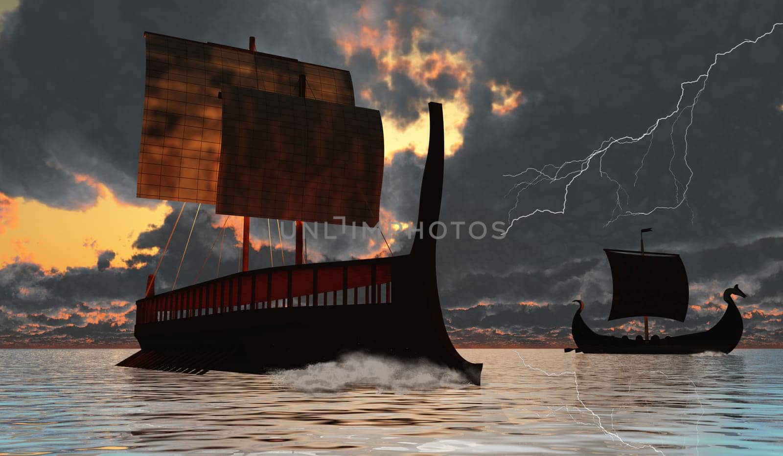A Viking longboat sails to their destinations for trade goods as a thunderstorm comes their way.