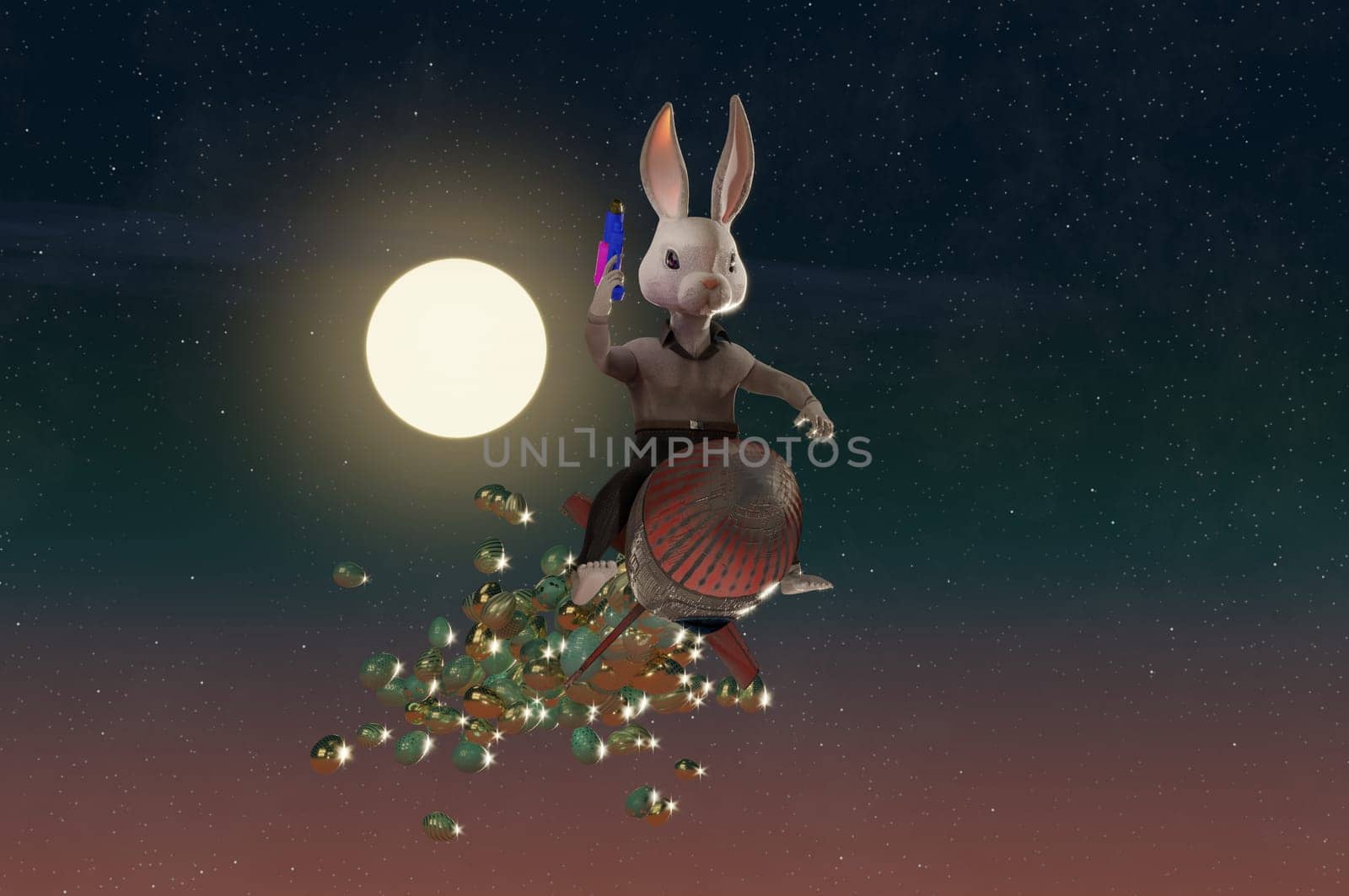 3D Illustration , Bunny Rocket Easter Design. Cute Rabbit flying to sky