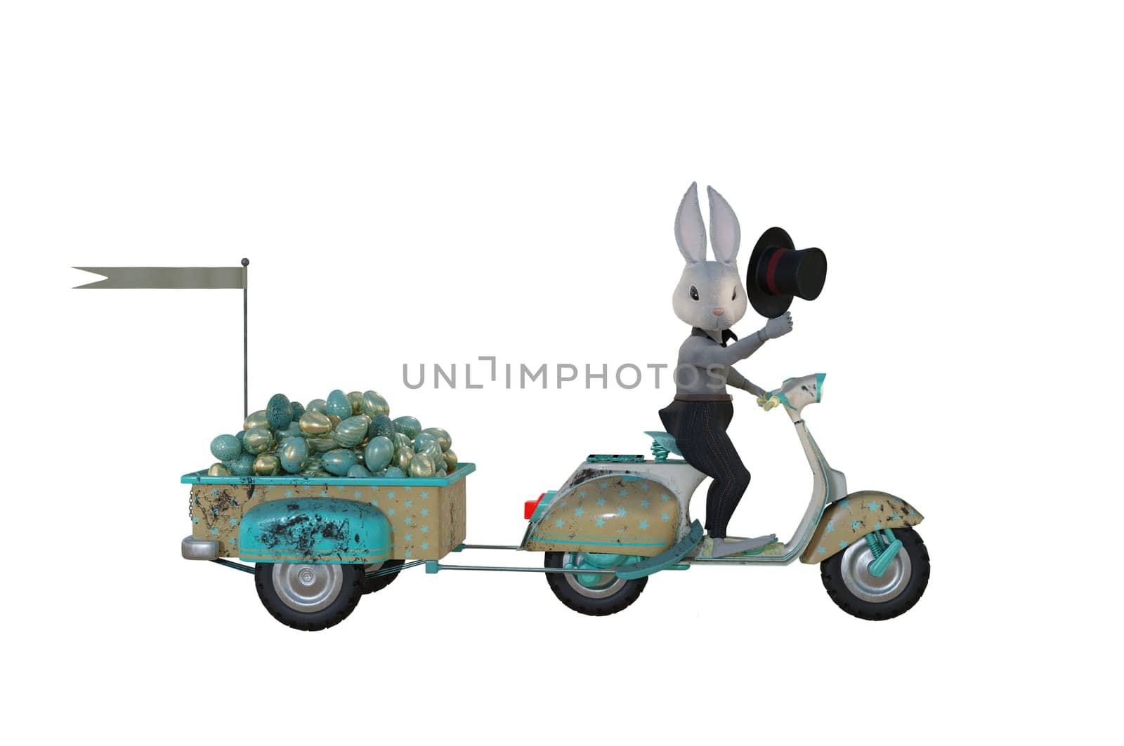 3D Illustration , The Easter Bunny delivering eggs