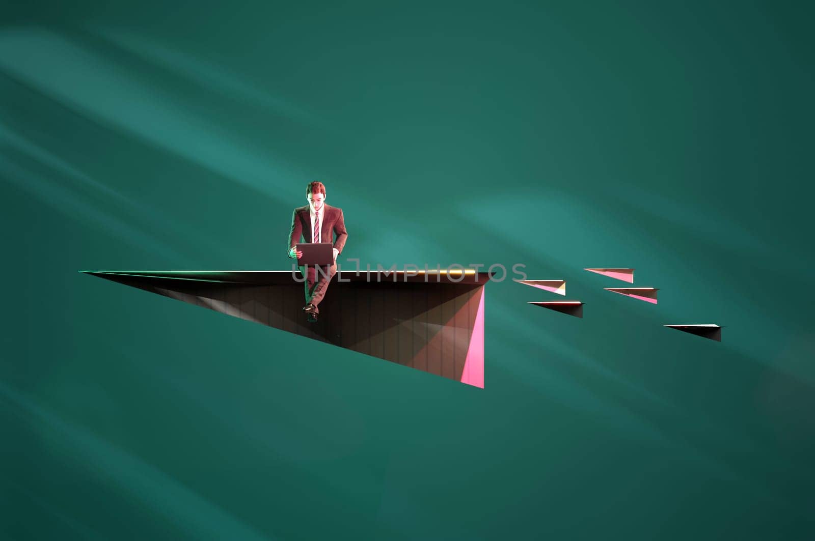 3D Illustration , Businessman on paper airplanes flying . Concept TEAM WORK