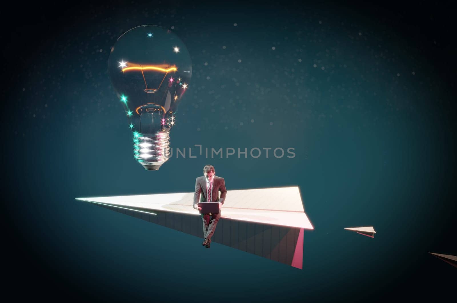 3D Illustration , Businessman on paper airplanes flying with idea