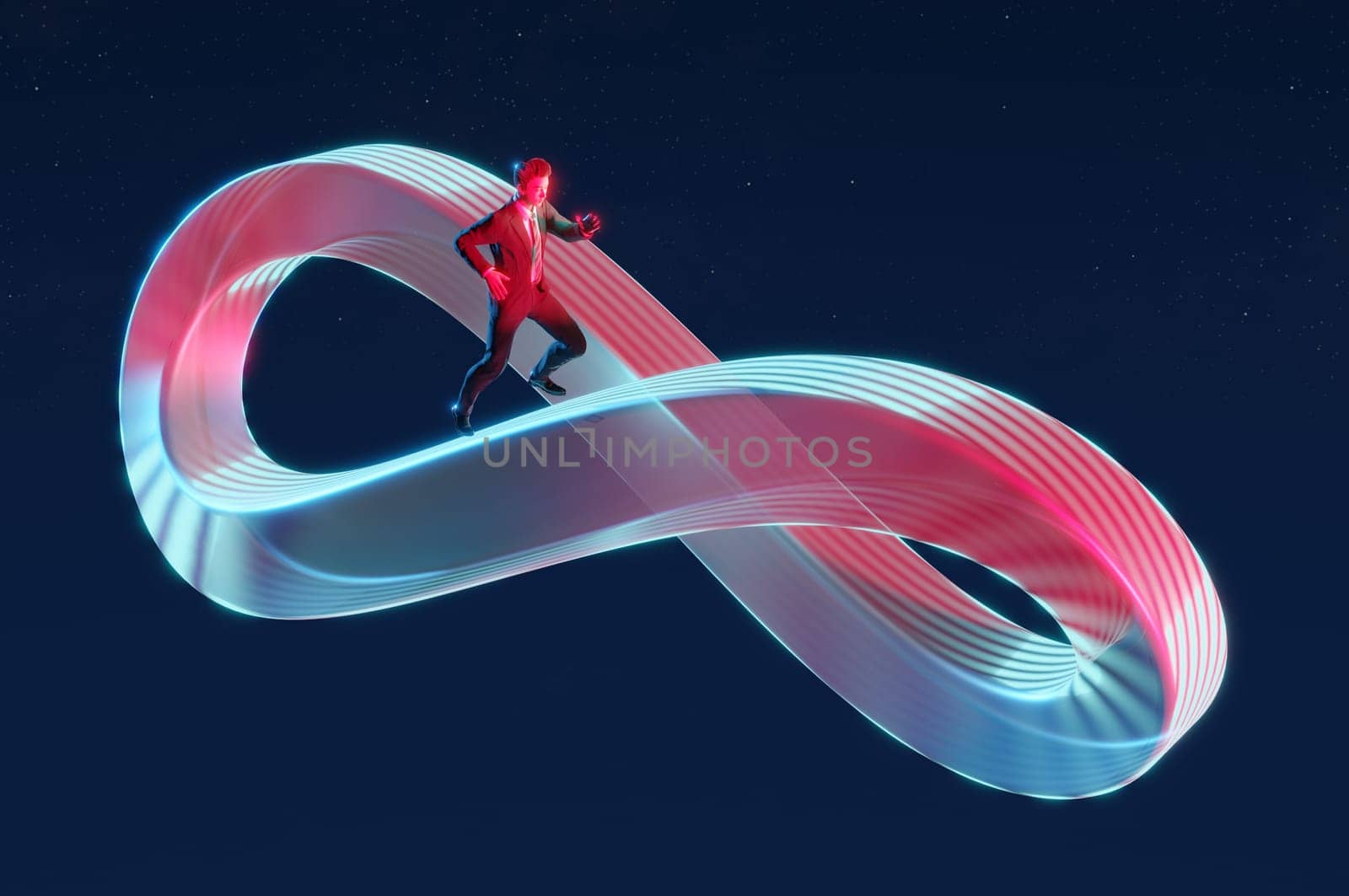 3D Illustration , Businessman riuning traveling on never ending infinity loop. Business cycle, infinity routine job or career path, competition to success, impossible