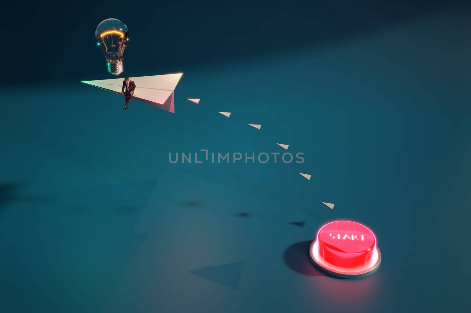 3D Illustration , Businessman on paper airplanes flying with idea Concept START UP