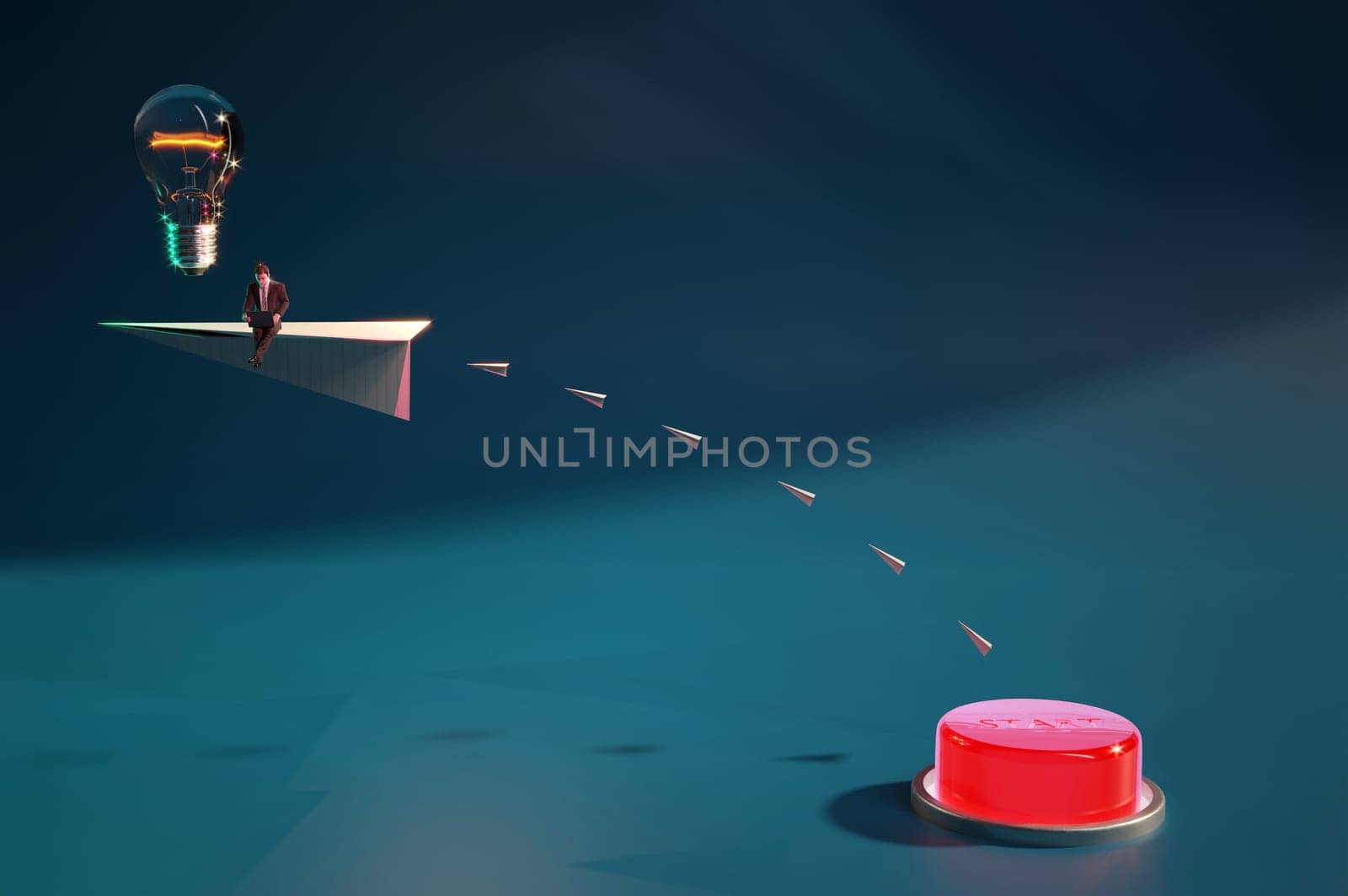 3D Illustration , Businessman on paper airplanes flying with idea Concept START UP