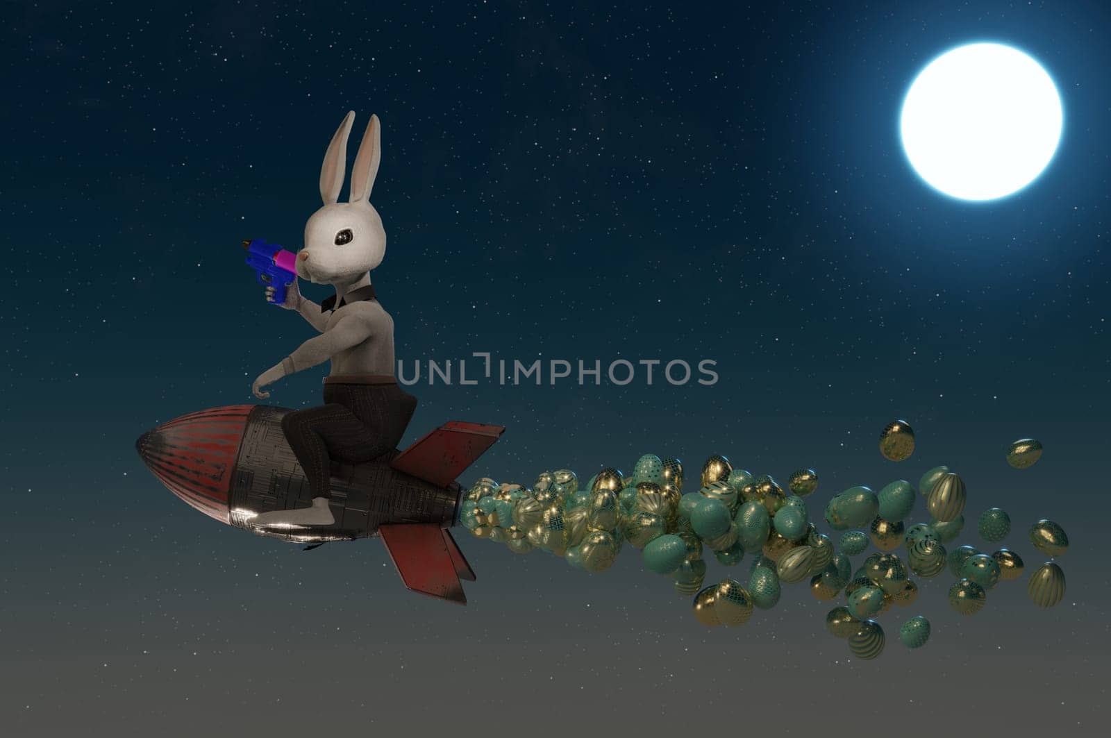 3D Illustration , Bunny Rocket Easter Design. Cute Rabbit flying to sky