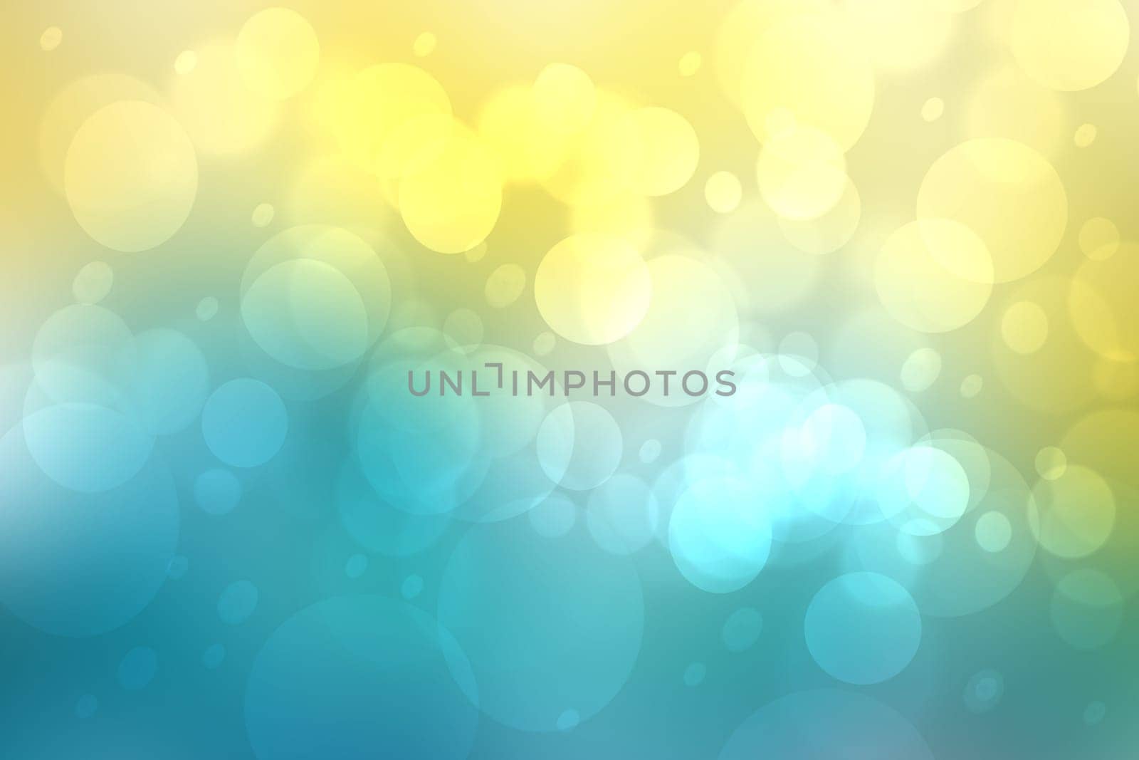 Abstract gradient light blue turquoise yellow shiny blurred background texture with circular bokeh lights. Beautiful backdrop. Space for design.