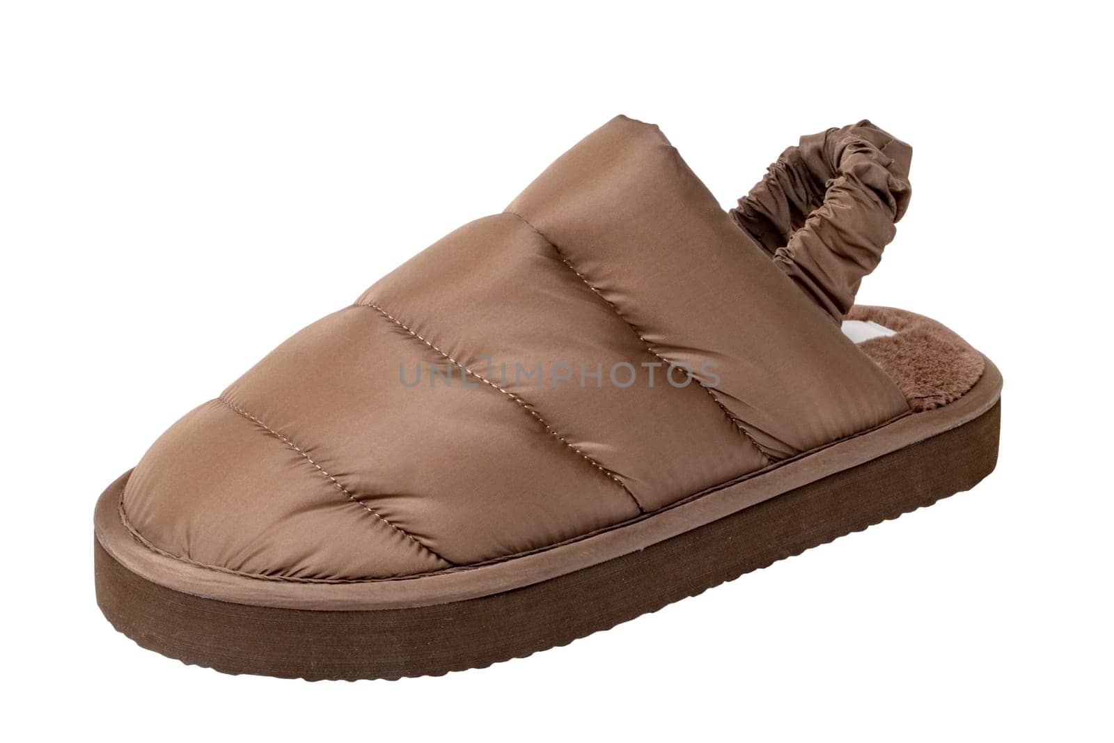 Slippers isolated. Close-up of a single of female brown warm and soft cosy terry house slipper isolated on white background. Clipping path. Womans shoes. Macro.