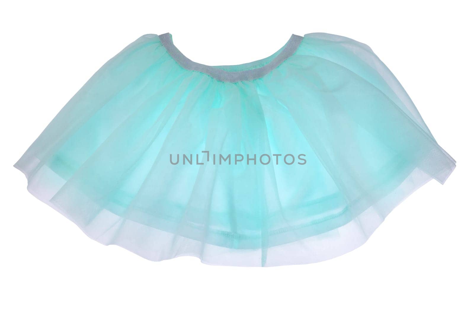 Blue skirt isolated. Beautiful delicate transparent turquoise silk summer skirt for girl. Clipping path. Ballerina kids clothing. Children clothes. Concept childs clothing fashion.