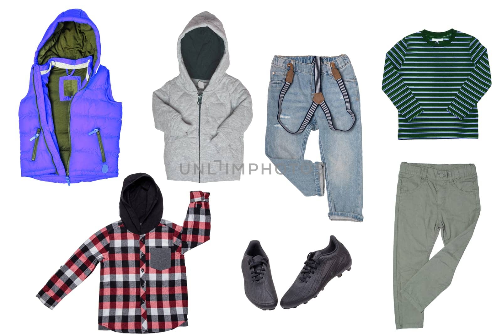 Collage set of boys spring winter clothes isolated. Male kids apparel collection. Child boy fashion clothing outfit. Colorful stylish jeans, sweater, pants, jackets, shoes wearing.