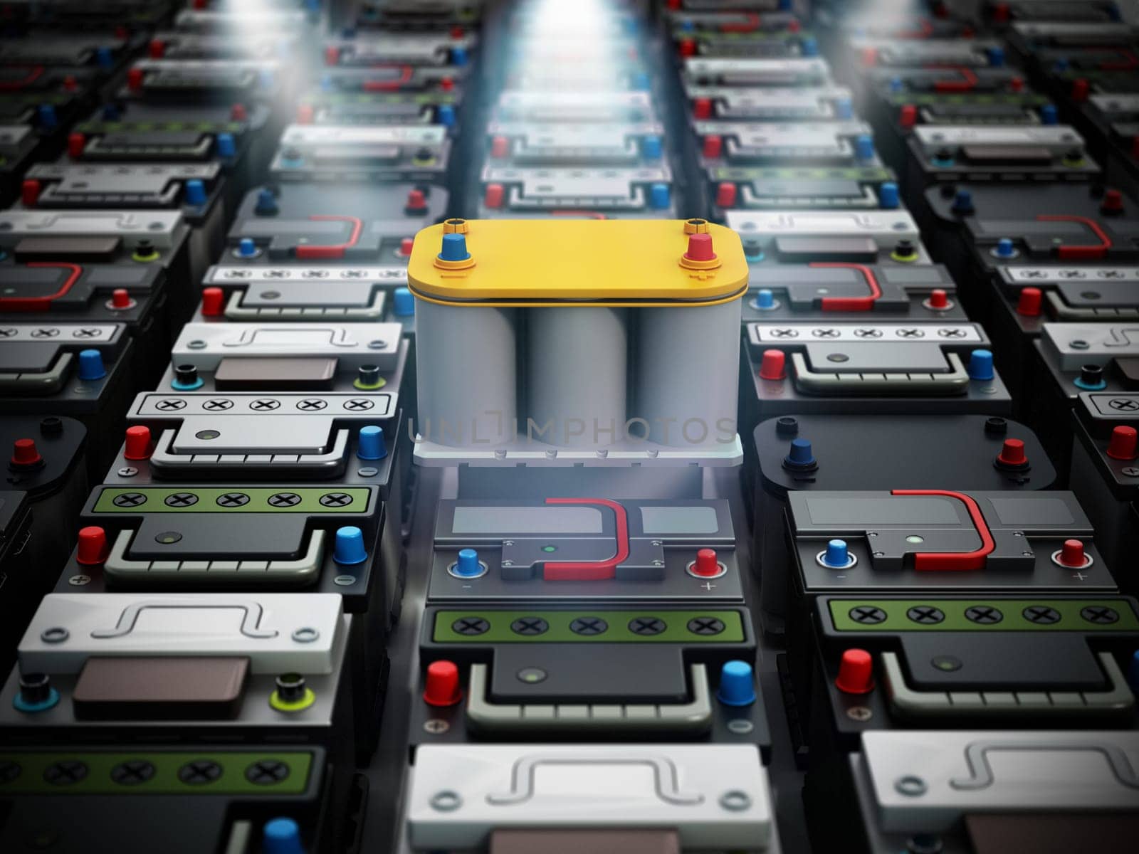 Generic modern car battery stands out among regular car batteries. 3D illustration.