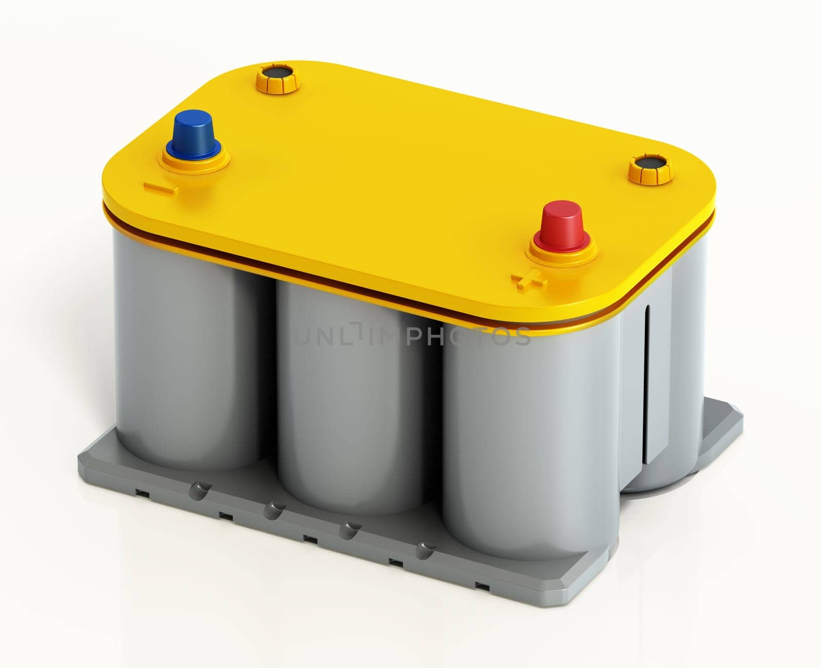 Generic modern car battery isolated on white background. 3D illustration.
