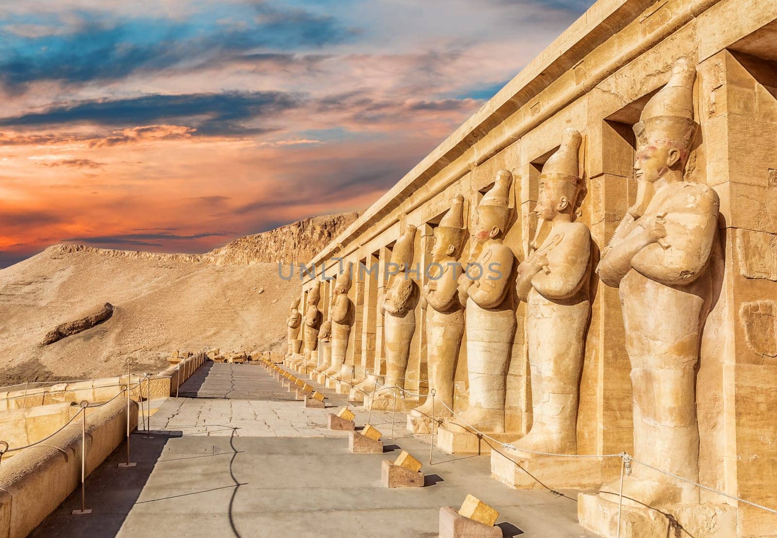 Northern colonnaded facade of the Mortuary Temple of Hatshepsut, Luxor, Egypt.