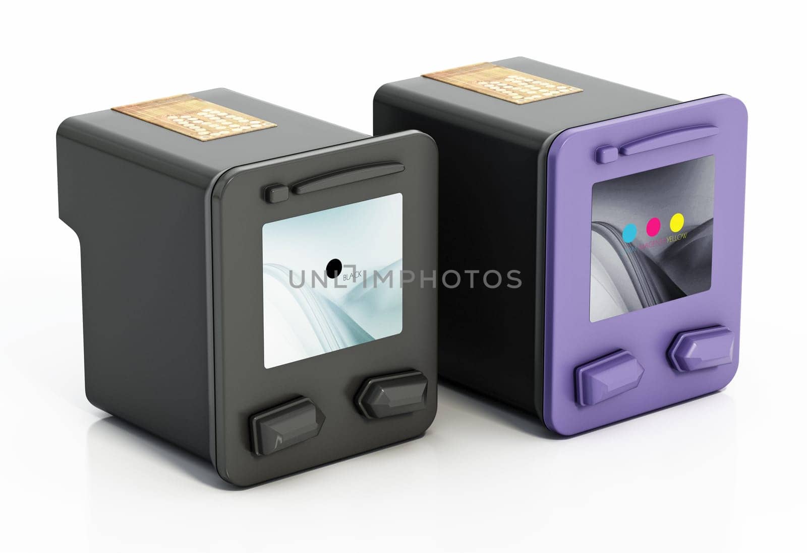 Inkjet printer spare cartridges isolated on white background. 3D illustration.