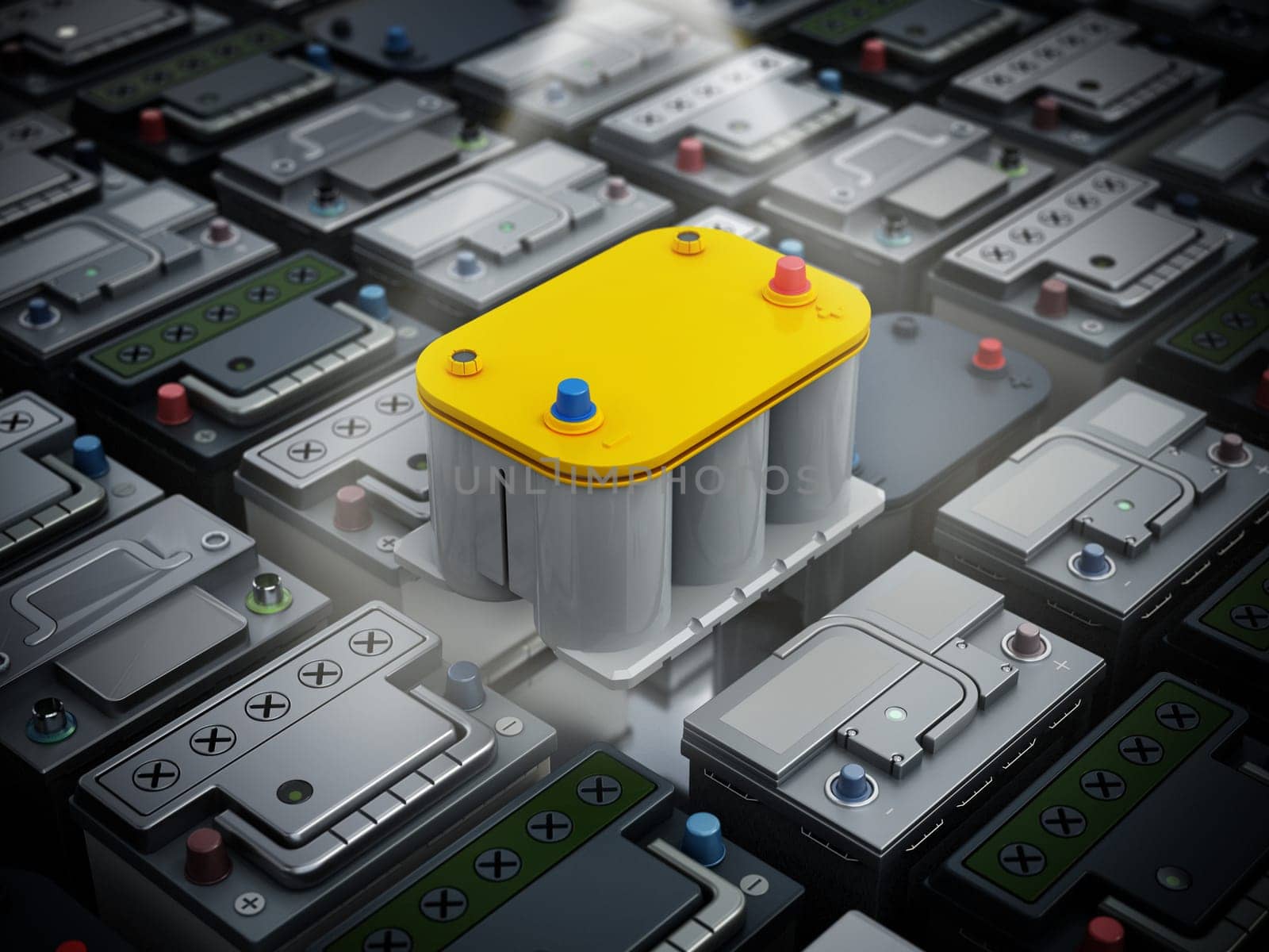 Generic modern car battery stands out among regular car batteries. 3D illustration.