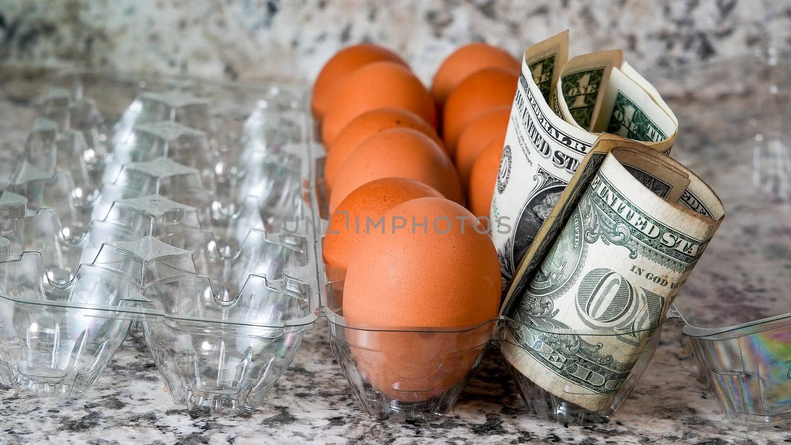Brown eggs in plastic container with american paper money