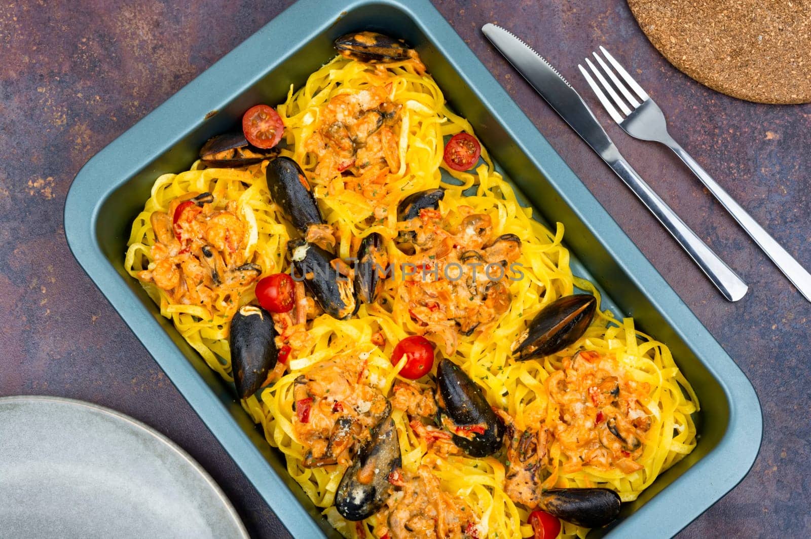 italian pasta with seafood sauce. Mediterranean cuisine