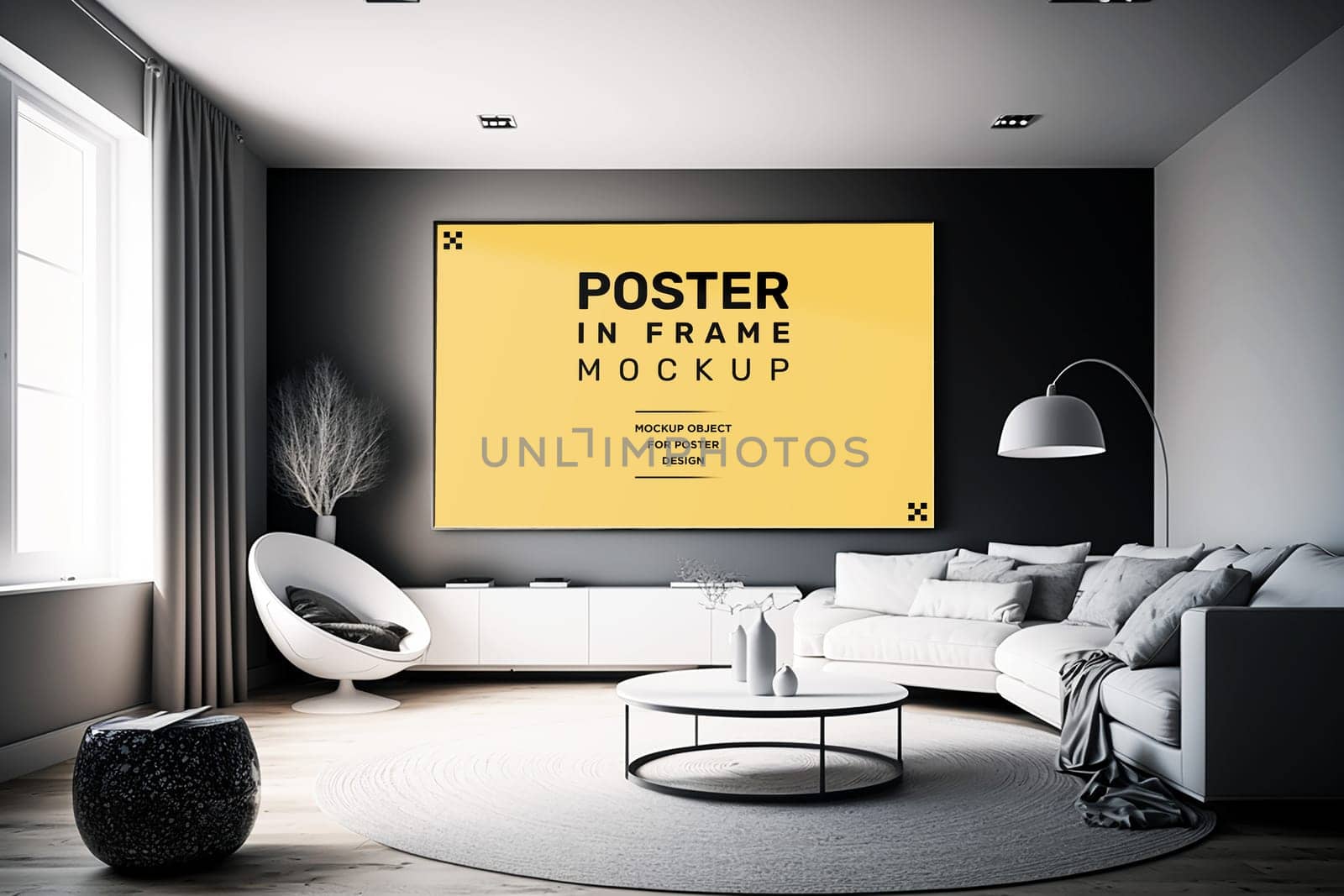 Modern room interior with mock-up photo frame on white walls. Black, gray and white furniture.