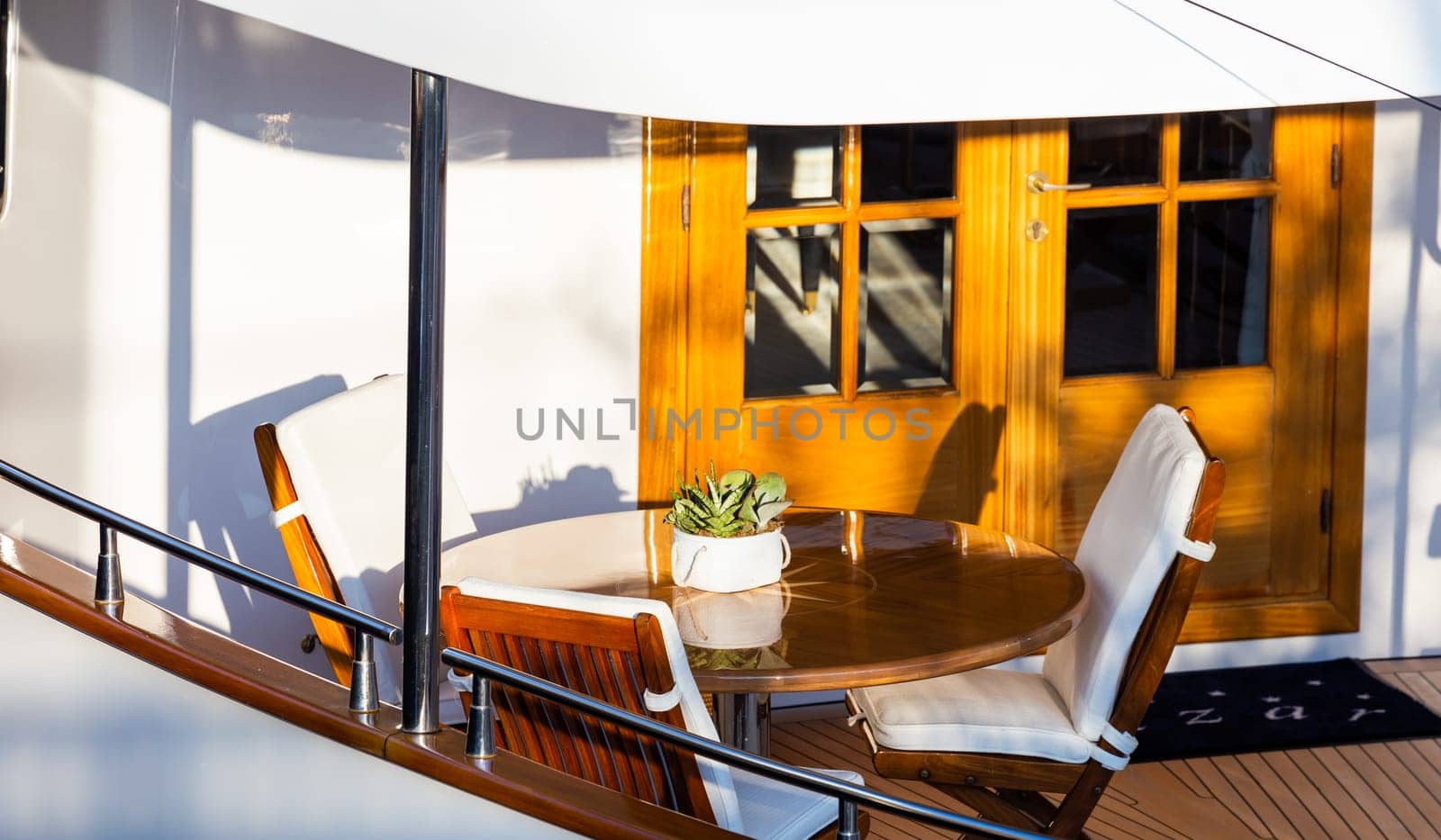 Luxury yacht. Comfortable expensive wooden design and furniture for holiday recreation tourism or travel and wealth concept