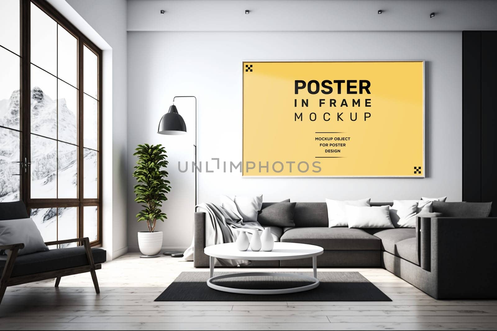 Modern room interior with mock-up photo frame on white walls. Black, gray and white furniture.