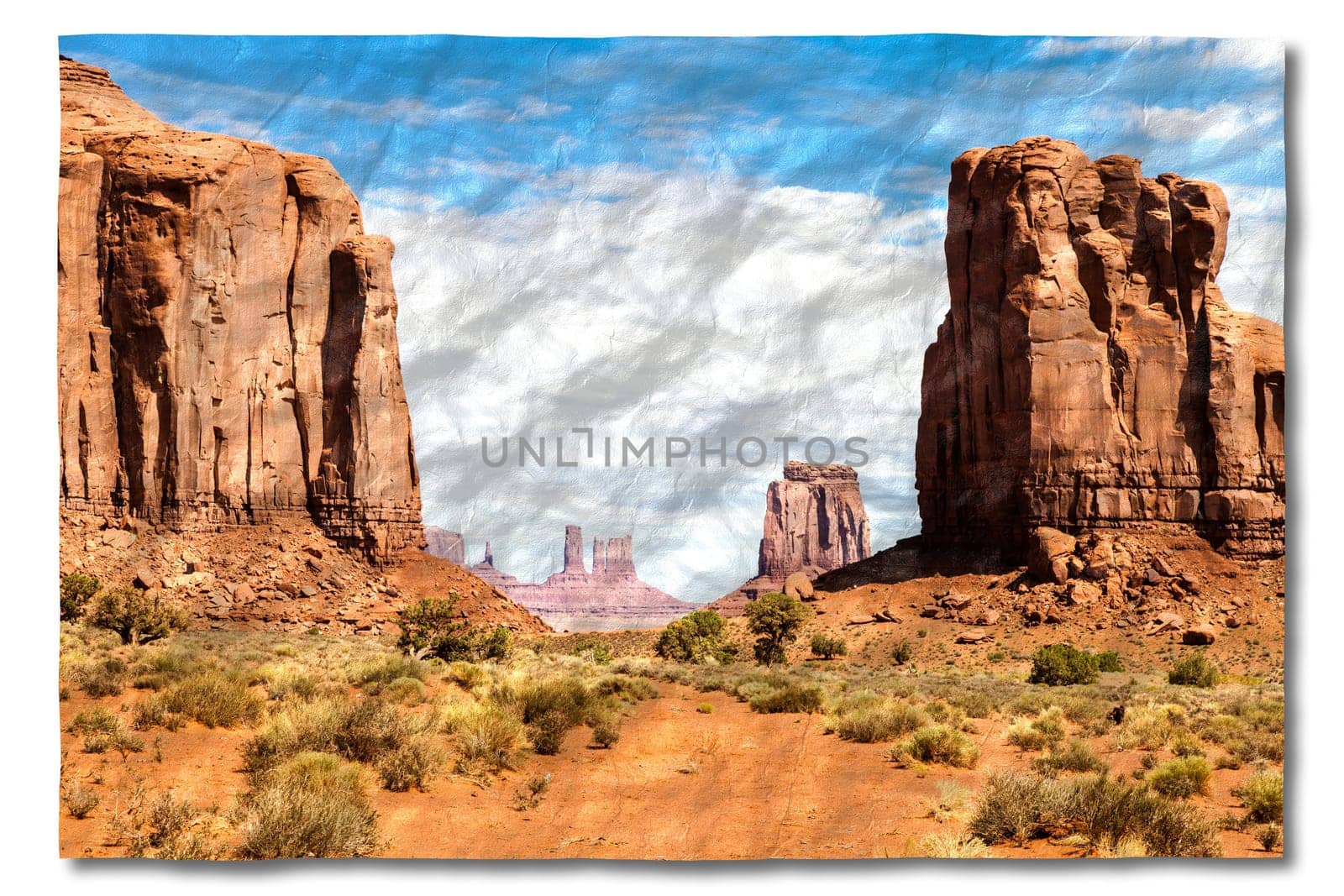 Creative picture of Monument Valley in USA - scenic red landscape with blue sky