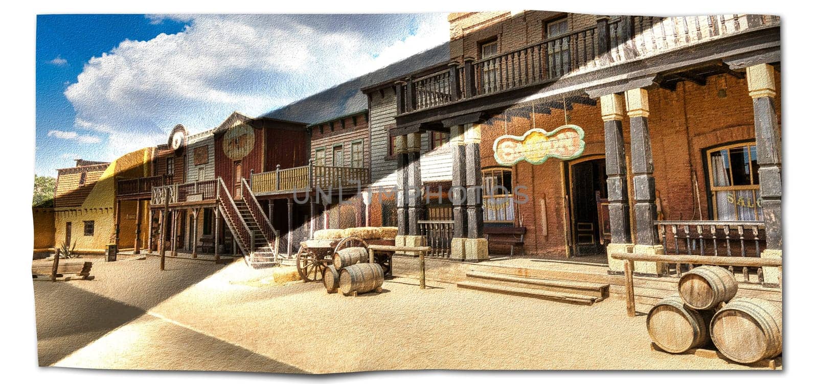 Creative picture of Wild West village with old buildings and saloon