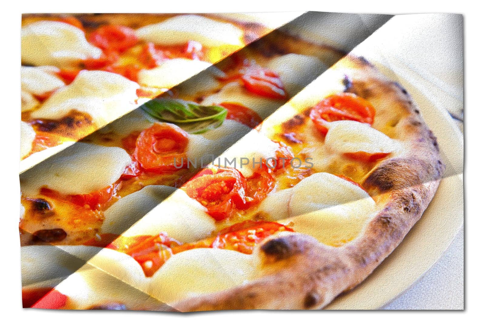 Creative picture of Pizza Margherita with Mozzarella cheese, basil and tomatoes