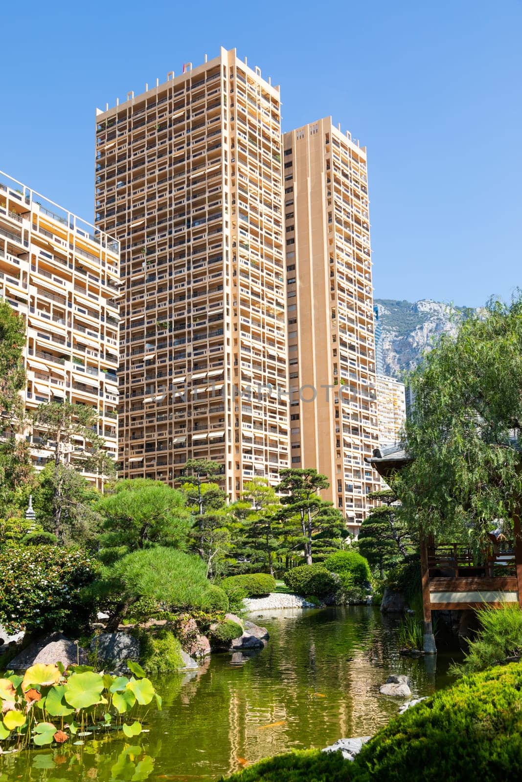 Monte Carlo - August 2022: Japanese garden with the city in the background