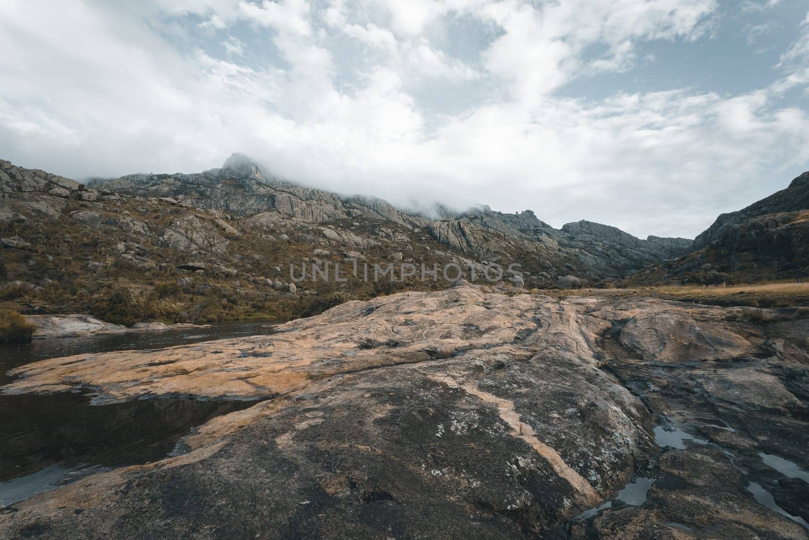 Andringitra national park, Haute Matsiatra region, Madagascar, beautiful mountain landscape,in front of trail flowers, high peak in mist and fog. Hiking in mountains. Madagascar wilderness landscape.