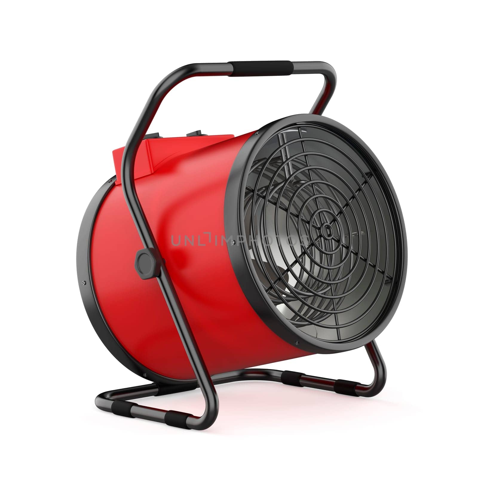 Red cylinder electric fan heater on white background