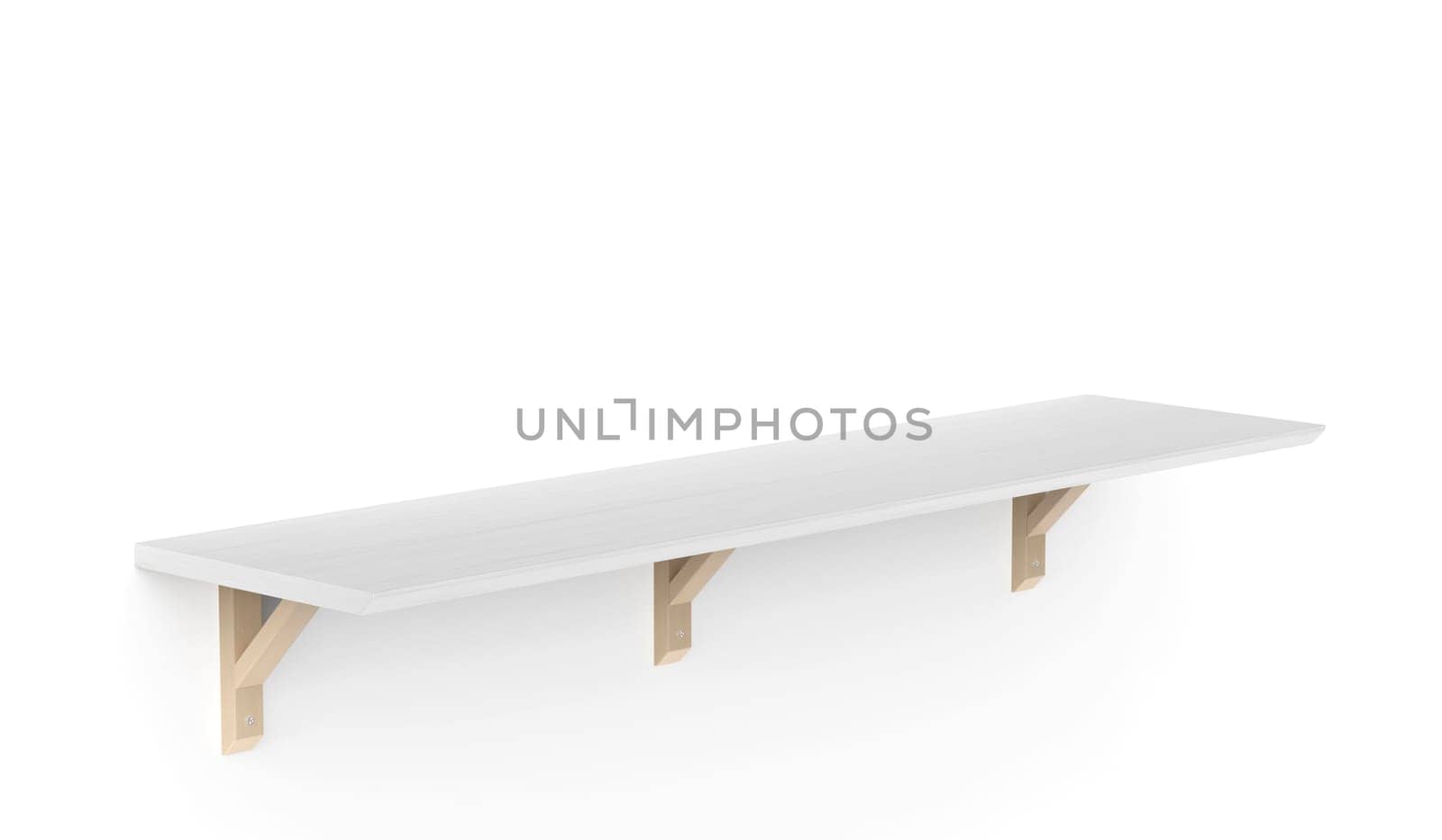 Wooden shelf with brackets on a white wall