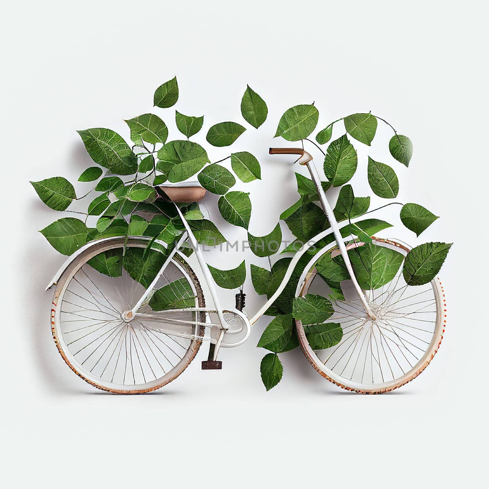 Bicycle covered with green leaf tendril, eco and environment concept, sustainable transport and travel, earth day, generative AI