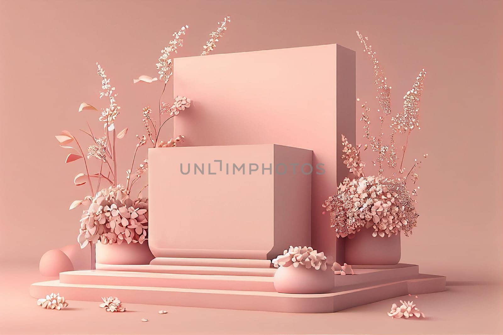 Podium platform 3d, pink pastel spring color, product display and showcase, promotion, generative AI